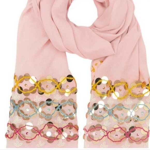 Tory Burch Embellished Oblong Scarf Pink Blossom Gold Accents Wool - Picture 1 of 6